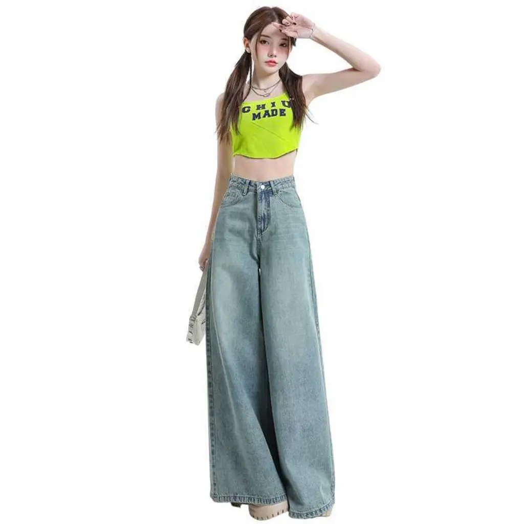 

Потертые синие тонкие широкие джинсовые брюки в стиле ретро для женщин, осенние брюки с подметающими слоновными ногами и большими ногами