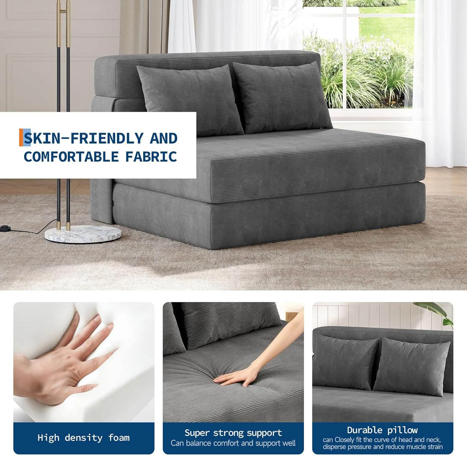 Klappbares Schlafsofa und Stuhlbett, umwandelbares Schlafsofa, ausklappbares Sofa, Couch mit Kissen, getufteter Boden, Lounge für Wohnzimmer, Schlafzimmer – Detail 5