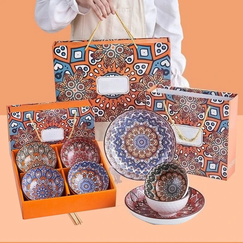 

Керамическая чаша в богемном стиле и набор палочек для еды, посуда, подарок для открытия церемонии, подарок