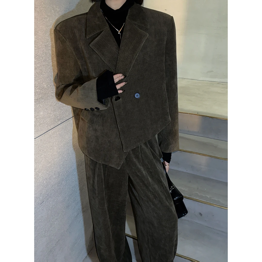 

Vintage Women's Suit Set Winter Asymmetrical Blazer Pants Two-Piece Outfit Cotton Lined Thick Elegant