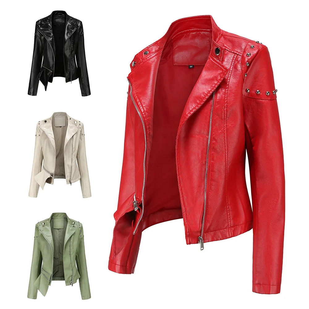 

Asymmetrical Design Women Fashion Leather Jacket Turn Down Collar Female Rivet Jackets