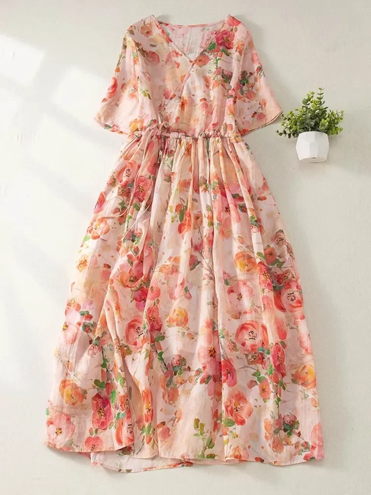 

Pop Women Clothes New Summer Chic Ramie Large Swing Midi Dress Casual Sundress V-Neck Floral Print Party Dresses For Women