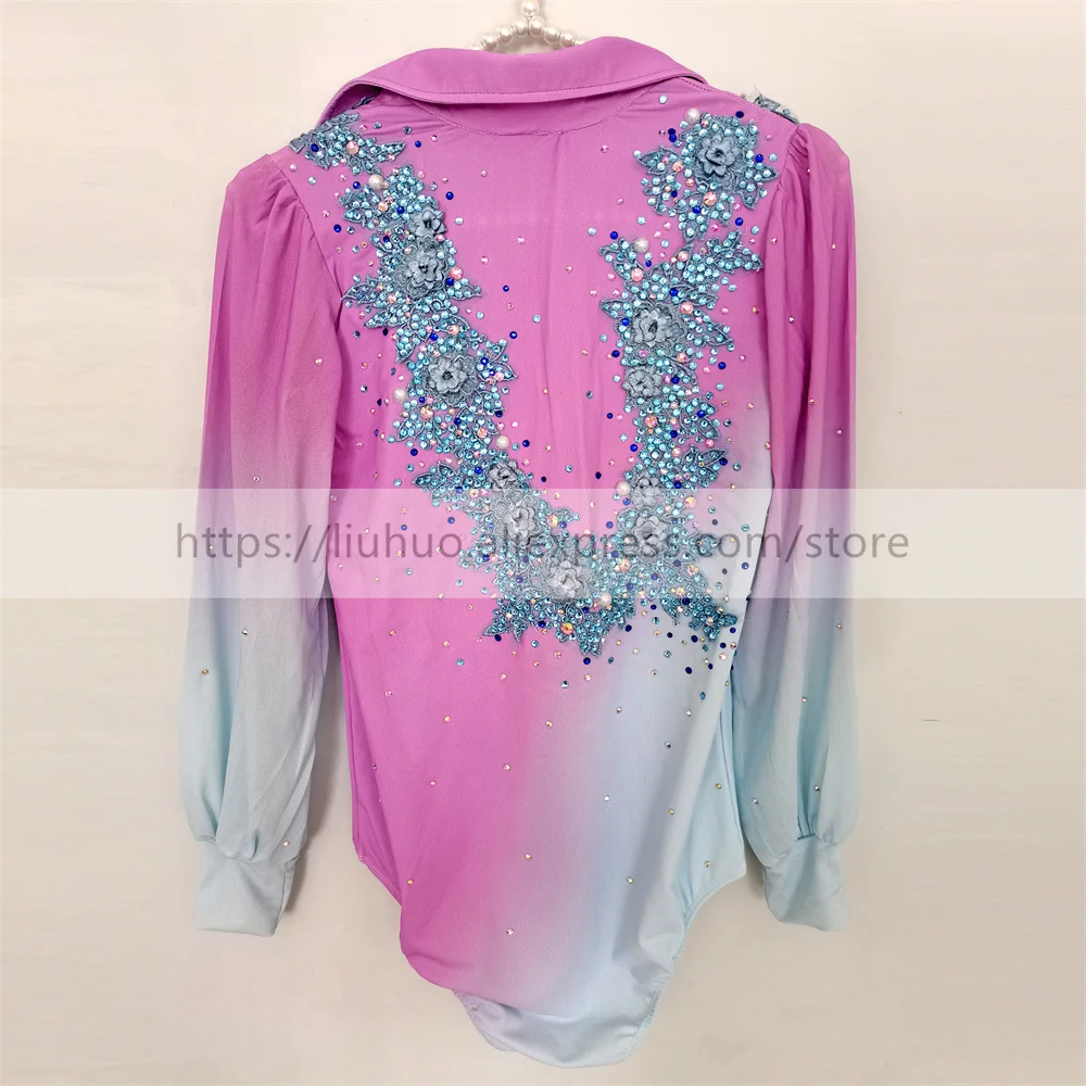 LIUHUO Figure Skating Top Men Boys\' Ice Performance Costume Competition Long Sleeve Leotard Purple Gradient Dance Kids Teens Kid