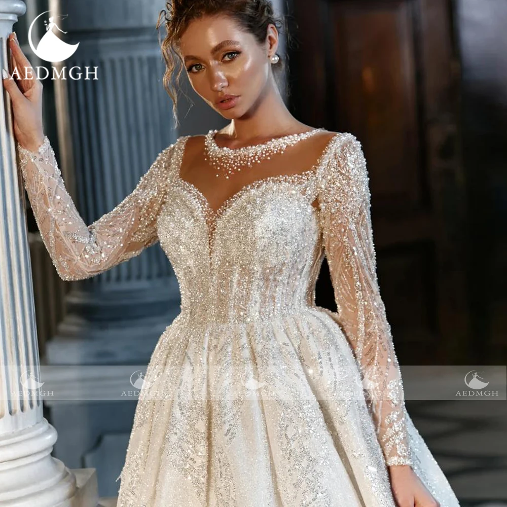 Aedmgh Ball Gown Royal Luxury Wedding Dresses 2024 O-Neck Long Sleeve Vestido De Novia Lace Embroidery Glamorous Robe De Mariee