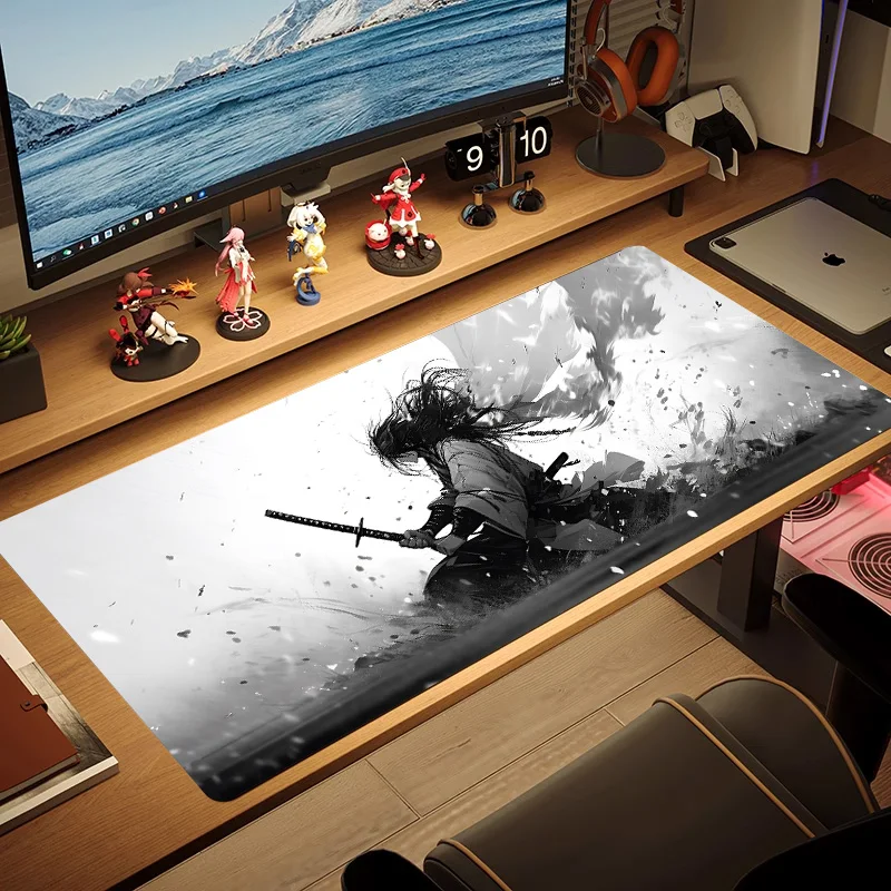 Mouse pad large ink painting black desk pad samurai non-slip rubber white game mouse mat laptop carpet gaming mousepads