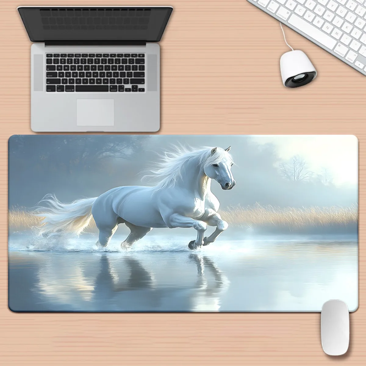 

XXL White Horse Lake view designed mousepad has an anti-slip rubber base that is durable and suitable for both office and gaming