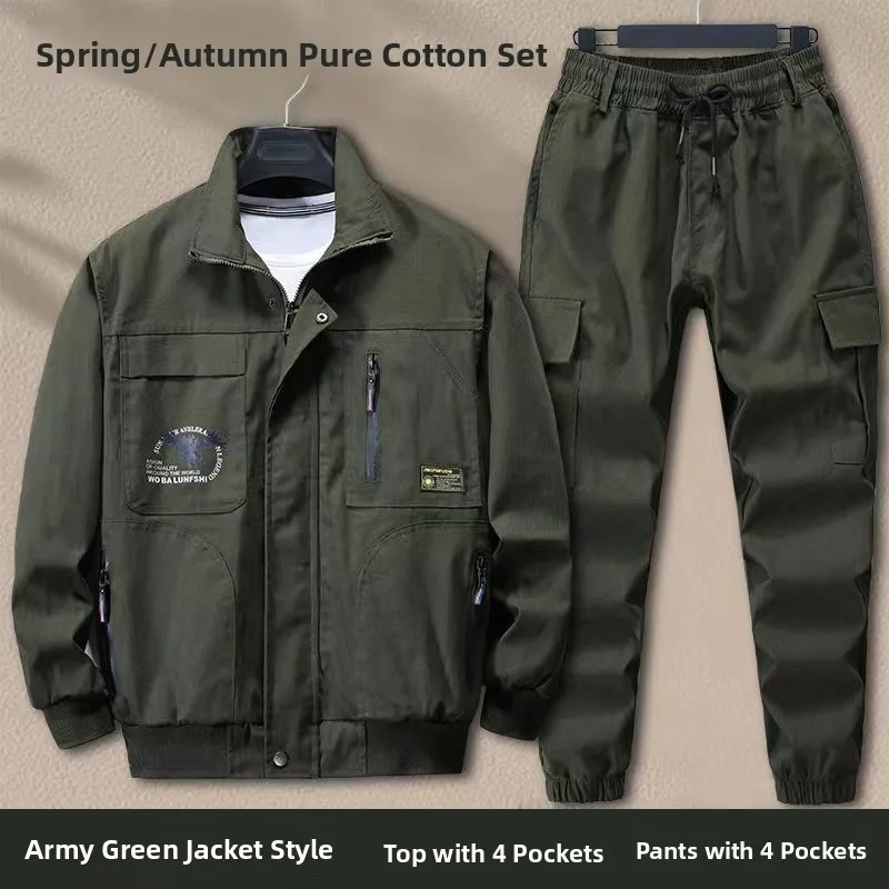 남성용 순면 작업복 세트 봄철 건설 현장 용접 작업복 화상 방지 일체형 산업 작업복