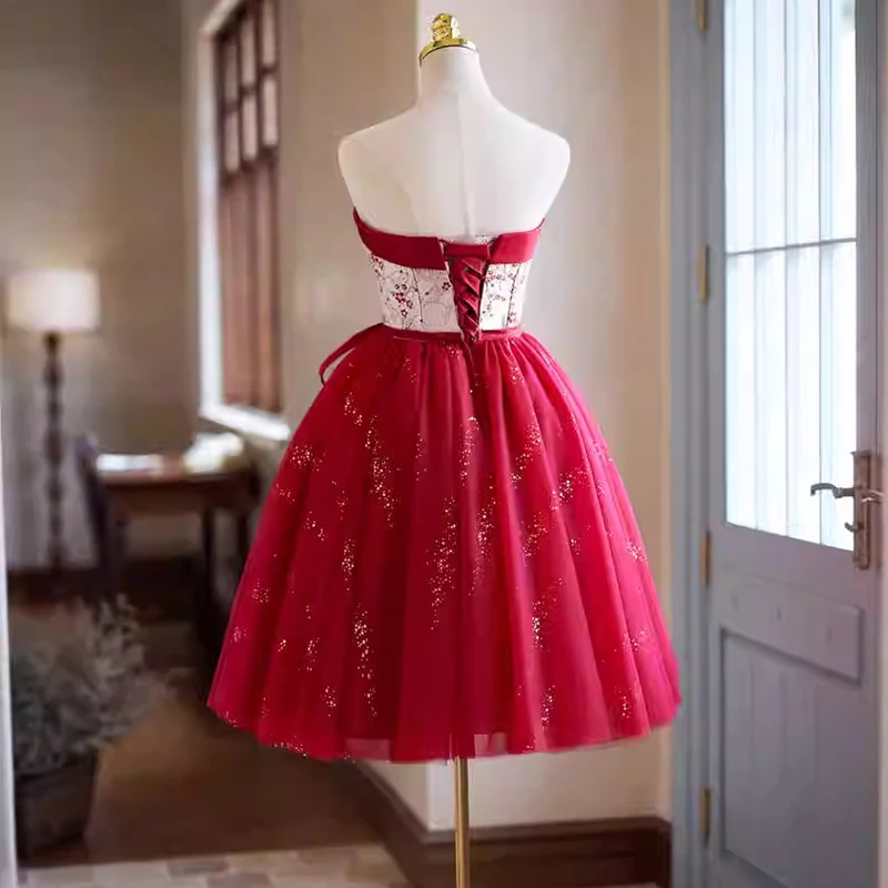 AnXin SH Prinzessin rote Spitze trägerlos Satin Blumenschleife glitzernde Schnürung kurzes maßgeschneidertes Abendkleid kleines rotes Kleid