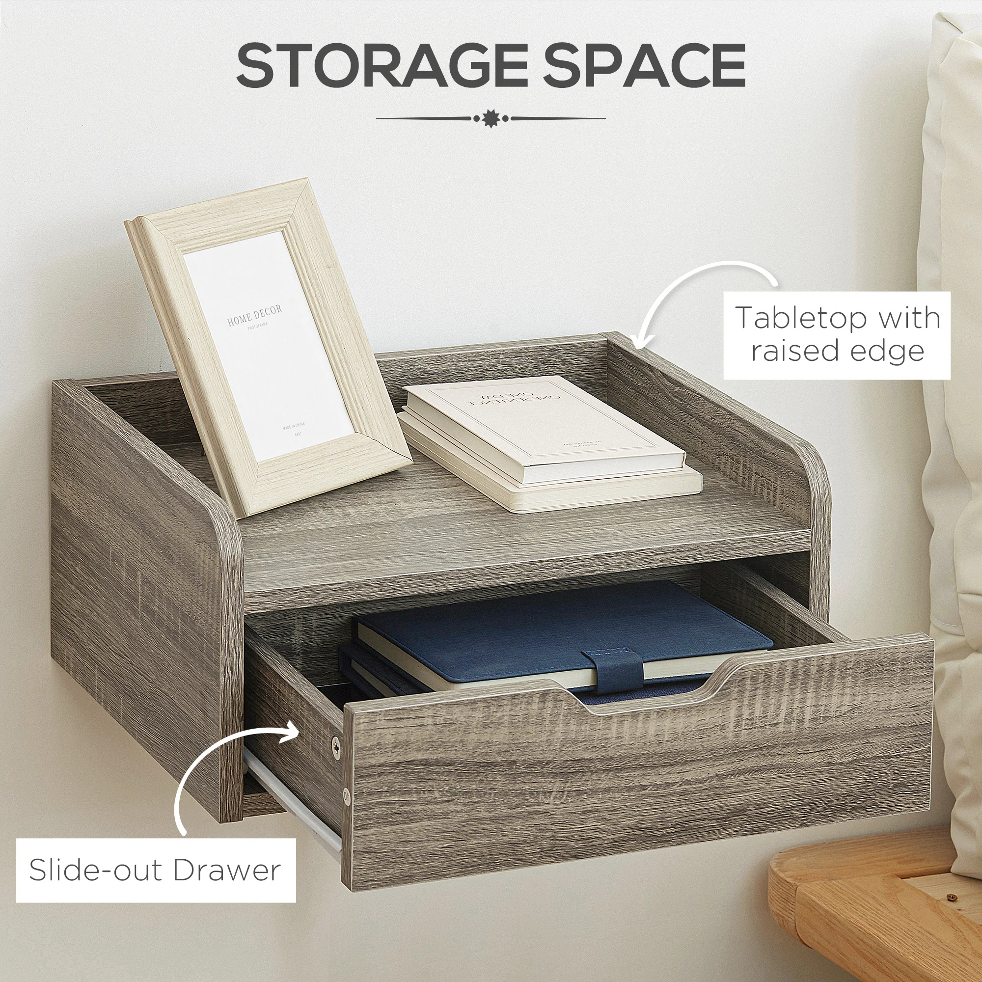 HOMCOM Floating Nightstand Set of 2, Nightstand with Drawer, Grey