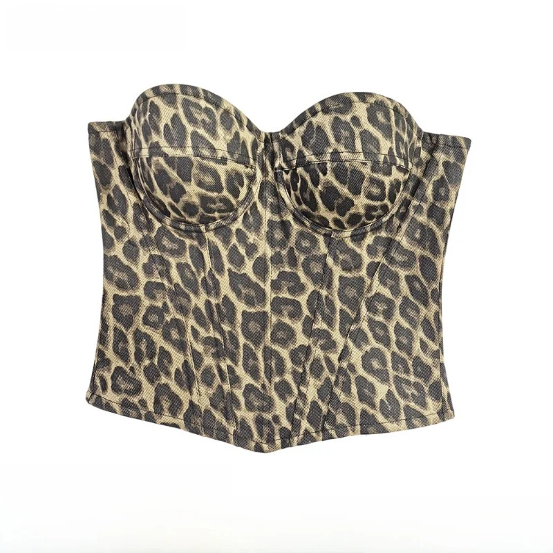 セクシーなヒョウ柄ブラレット綿デニム素材薄いストラップフィッシュボーントップアウターウェア下着高級感四季兼用