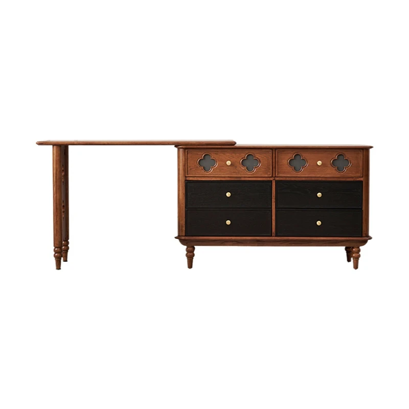 French retro pure solid wood six-chest cabinet dresser desk integrated combination medium antique ash wood bedroom storage