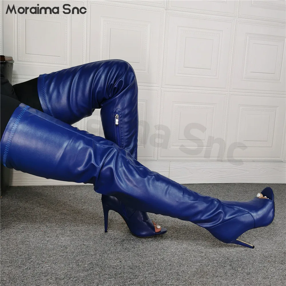 

Women's Blue Solid Color Sexy Elastic Boots Fish Mouth Open Toe Stiletto Over The Knee Boots Fashion Thigh Boot Thigh-High Boots