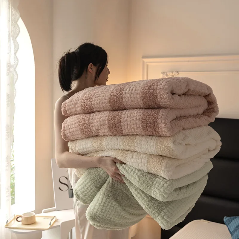 Thick Composite Lamb Wool Striped Blankets Soft and Skin Friendly Blanket for Office Nap Single Warm Bed Cover for All Seasons