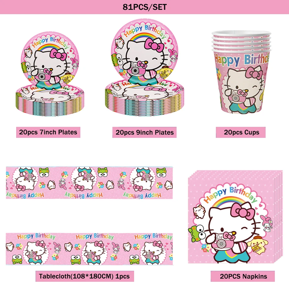 HelloKitty Kuromi Melody Cinnamorll decoraciones para fiesta de cumpleaños Sanrio vajilla desechable taza plato servilleta para fiesta infantil