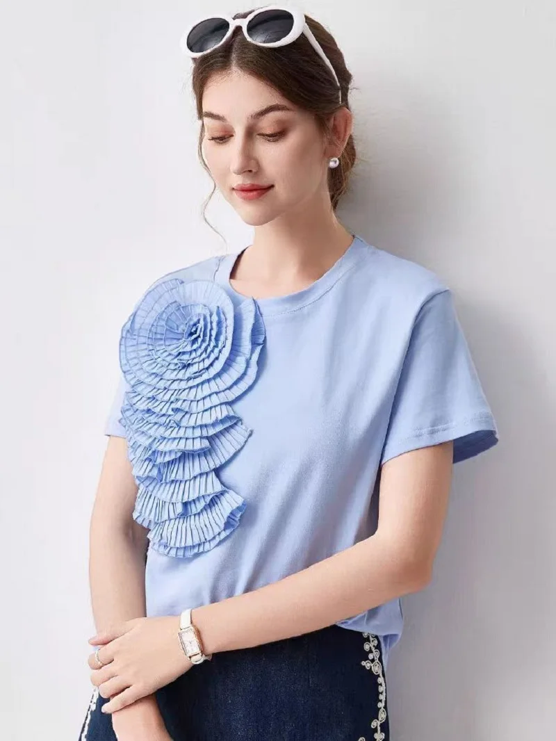 2026 Ropa Mujer Summer Cotton Tshirts for Women O-neck Casual Tees White 3D Floral Fashion T Shirts Korean Tops