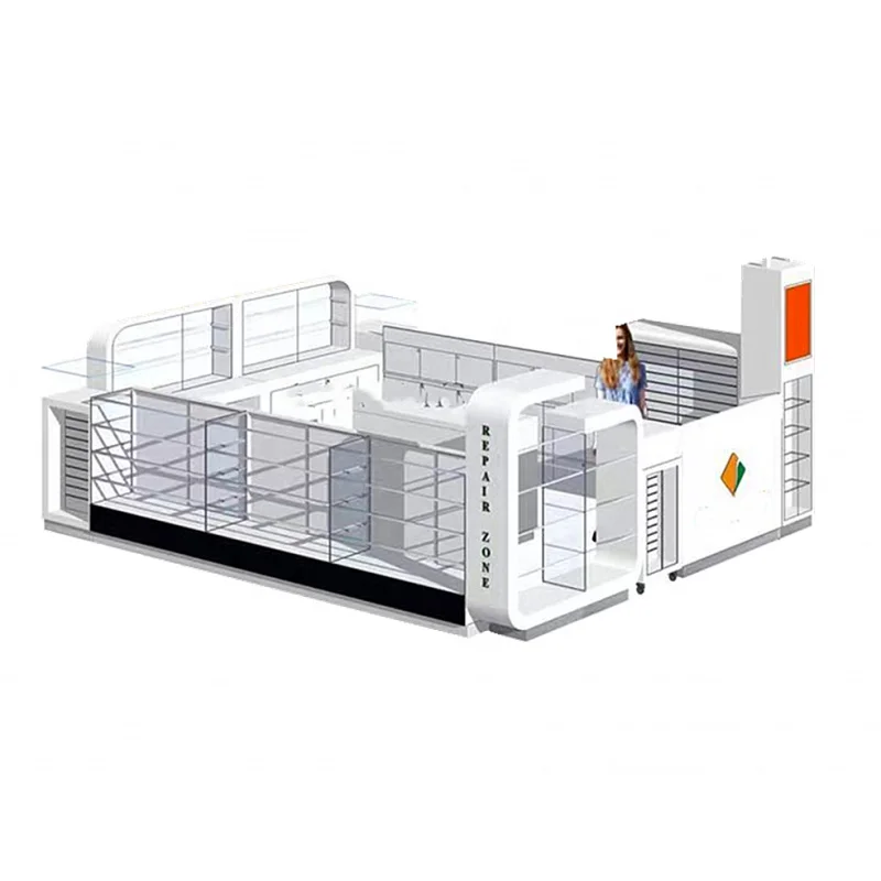 

Customized. High end Mall Kiosk Design 3D Glass Display Counter Modern Cell phone Accessories Repair Booth Perfume Kiosk