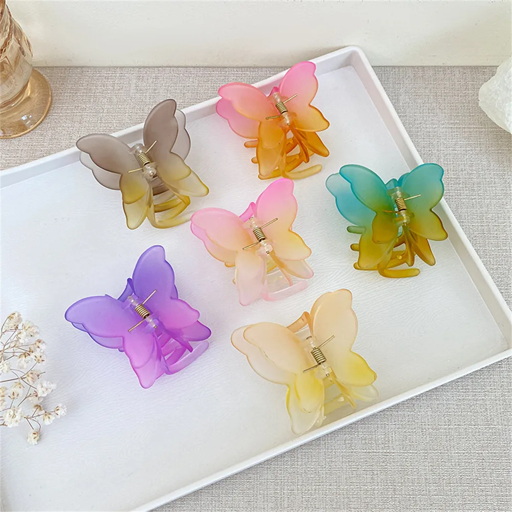 

Women Simple Versatile Fashion Shark Clip 7cm Candy Color Acrylic Gradient Butterfly Hair Clip Girl Hair Accessories