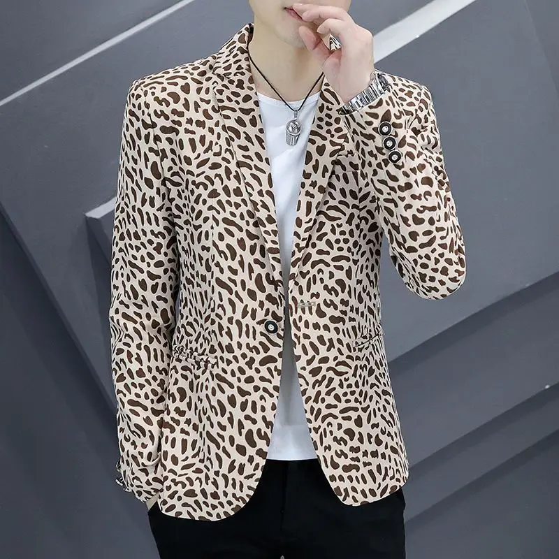 

3-A17 Leopard print spring and autumn new Korean style suits casual men's tm fit handsome suit jacket youth tops