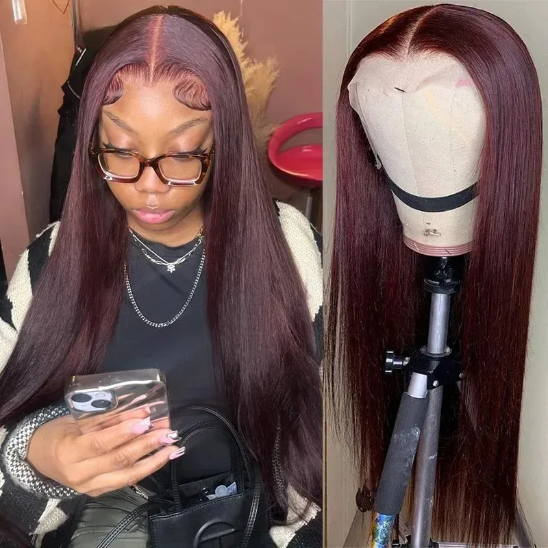 

Красный парик 99J бордового цвета, 13x4 HD, прямой, с кружевной передней частью, из термостойкого синтетического волокна, без клея, для повседневной носки и косплея, для женщин