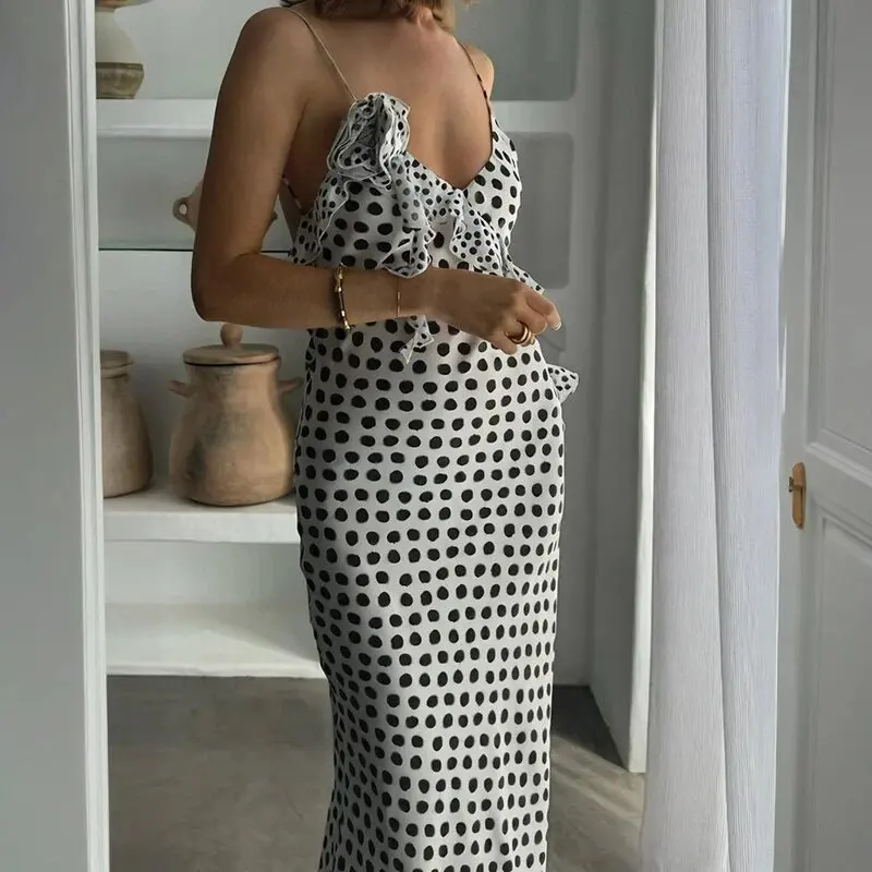 

Talenza Polka Dot Spaghetti Strap Dress Women's Sexy V Neck Printed Patchwork Long Dress Fashion Summer Vacation Party Dresses