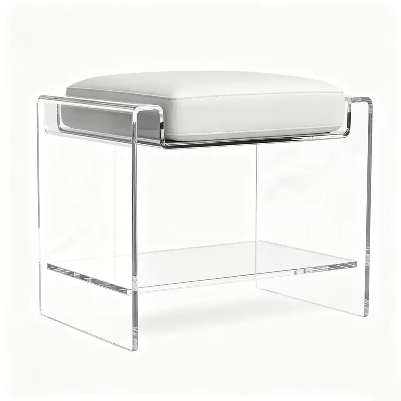 White Faux Fur Acrylic Stool with Shoe Storage Rack Multifunctional Bench for Living Room Home Decor Modern Clear Seat