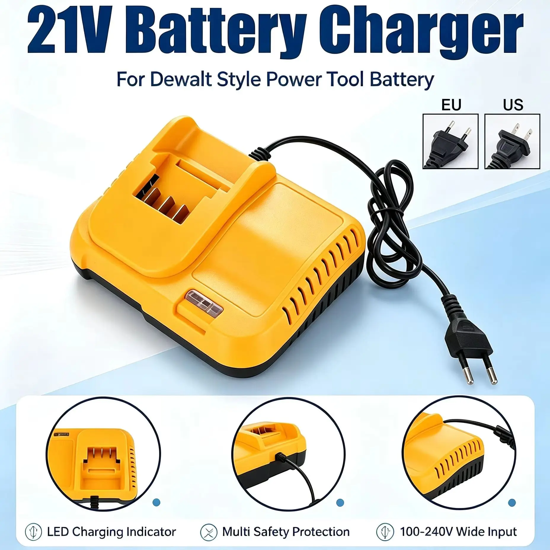 For Dewalt 21V 18V Lithium Battery 0.5A 2.5A Charger US EU Plug For Electric Tools High Quality Charger Wholesale Power Tool
