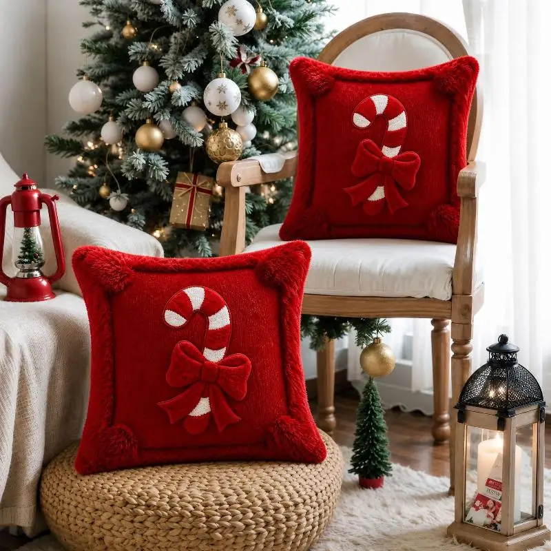 Christmas Decoration Pillow Cover Xmas Candy Santa Claus Decoration Pillowcase Soft Cushion Cover For Sofa Bed Home Decor