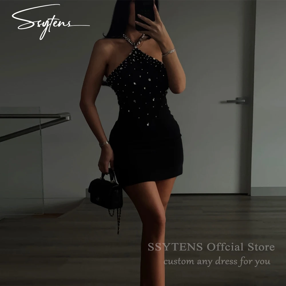 

SSYTENS Sexy Black Mini Cocktail Dress Rhinestone Halter Prom Gown 2026 Short Elegant Party Dress Night Club Dresses Customized