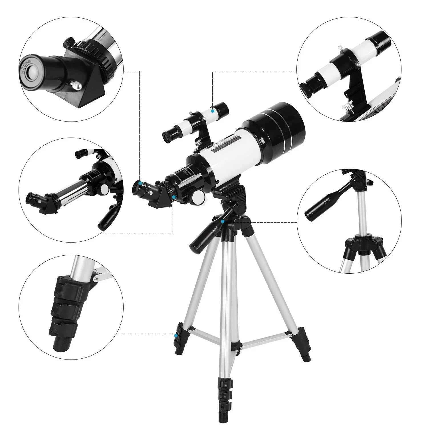 

-70mm Astronomical Telescope 150X Monocular Telescope Refractor Spotting Scope With 5×24 Tripod Moon Filter 3X Barlow Lens