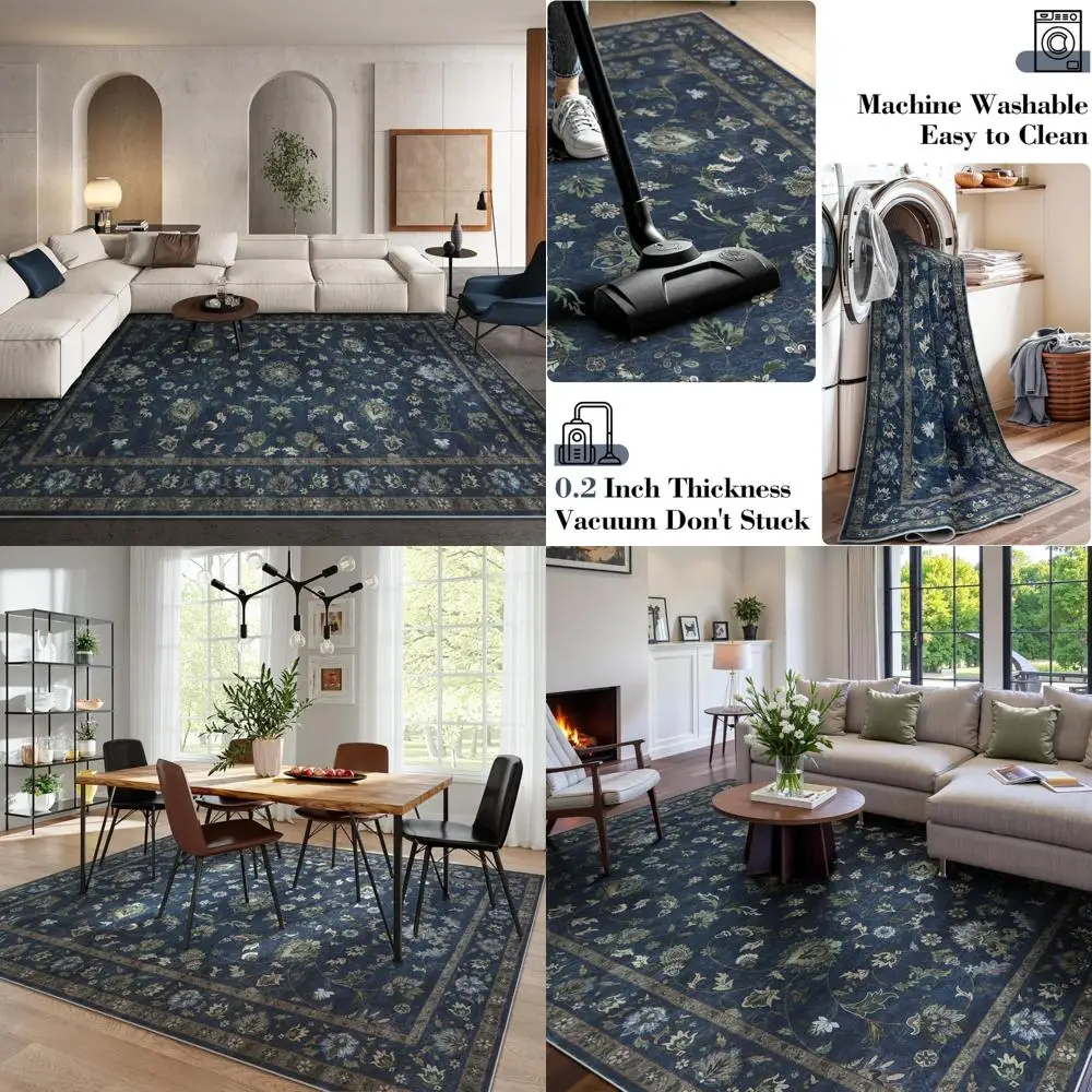 

Vintage Floral Living Room Rugs, 8x10 Washable Area Rugs, Low Pile, Non-Shedding, Stain-Resistant for Bedrooms