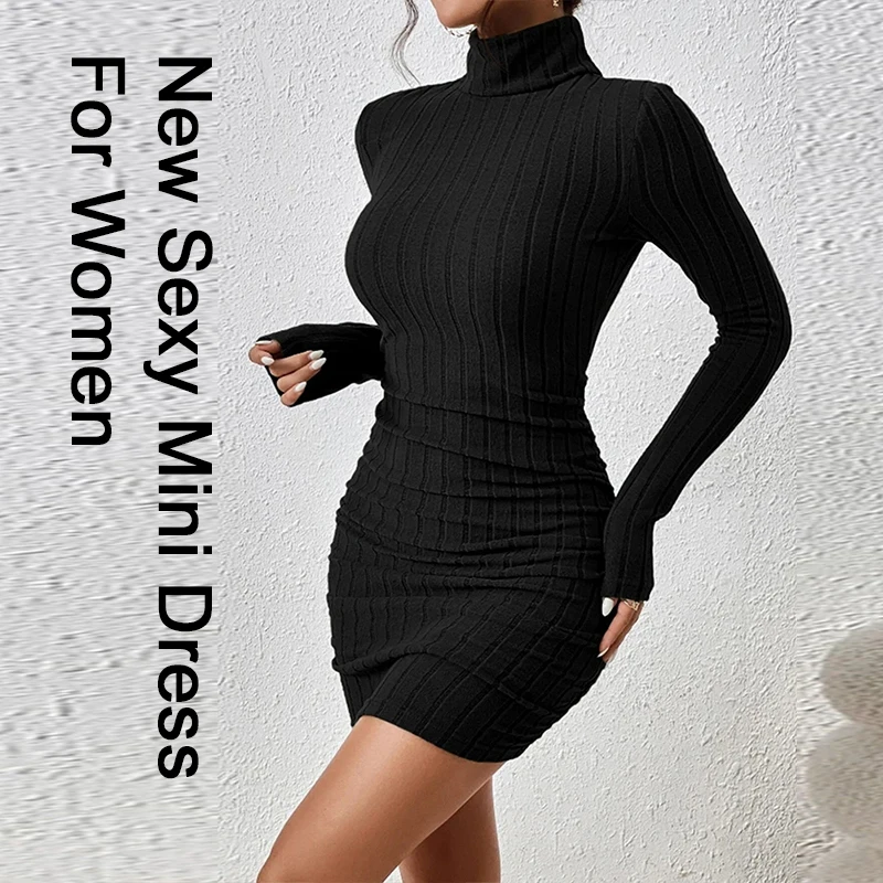 

Autumn and Winter Women's Knitted Dress New High Collar Temperament Solid Color Slimming Sexy Bag Hip Dress Mini Dresses