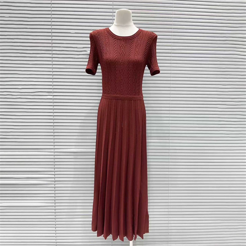 High-quality spring new round neck jacquard patchwork knitshort-sleeved dress for women fashionable stretchy slim fit midi skirt