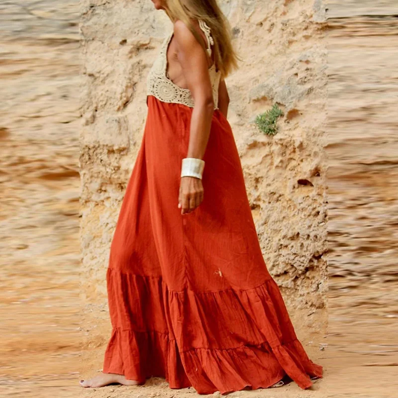 Vestido bohemio plisado de cintura alta sin mangas para mujer, vestidos largos de retazos de encaje con cuello en V para playa y verano, 2023