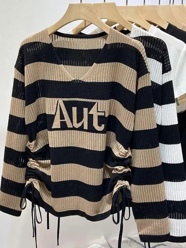 Women's Knitted Long Sleeve Striped T-Shirt Hollow out Drawstring Casual Commute Shirt Spring New Design Color Block Top