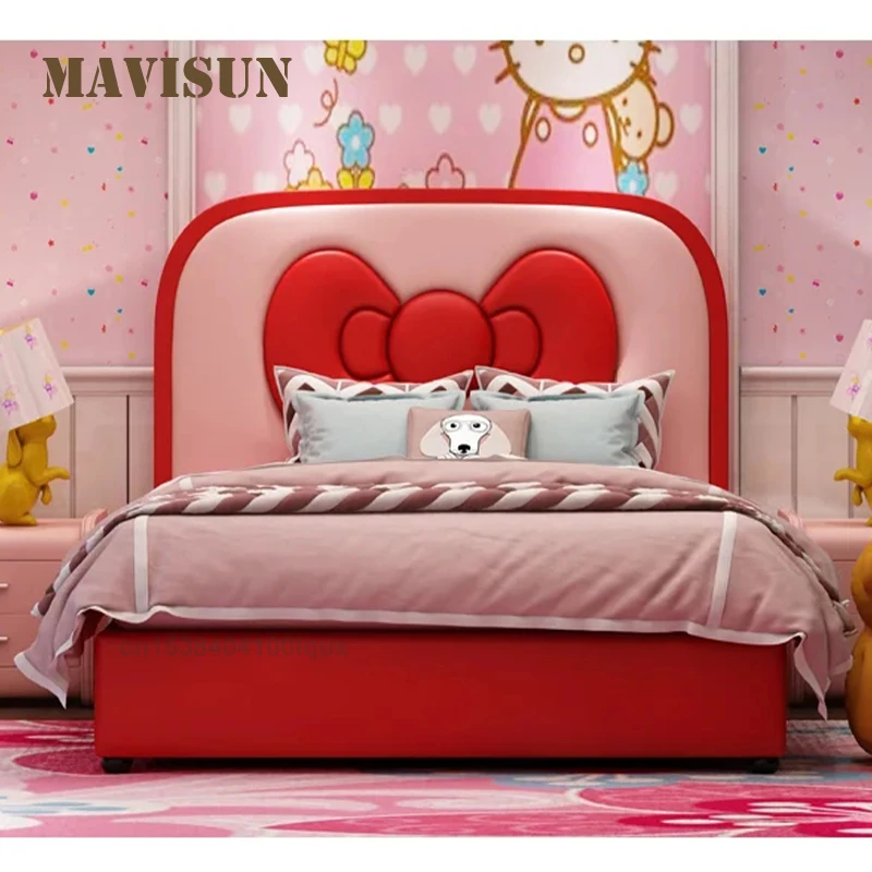

Modern Princess-Style Bedroom Bed With Bow-Shaped Leather Upholstered Solid Wood Bed Frame Cute Design Single Children’ s Bed