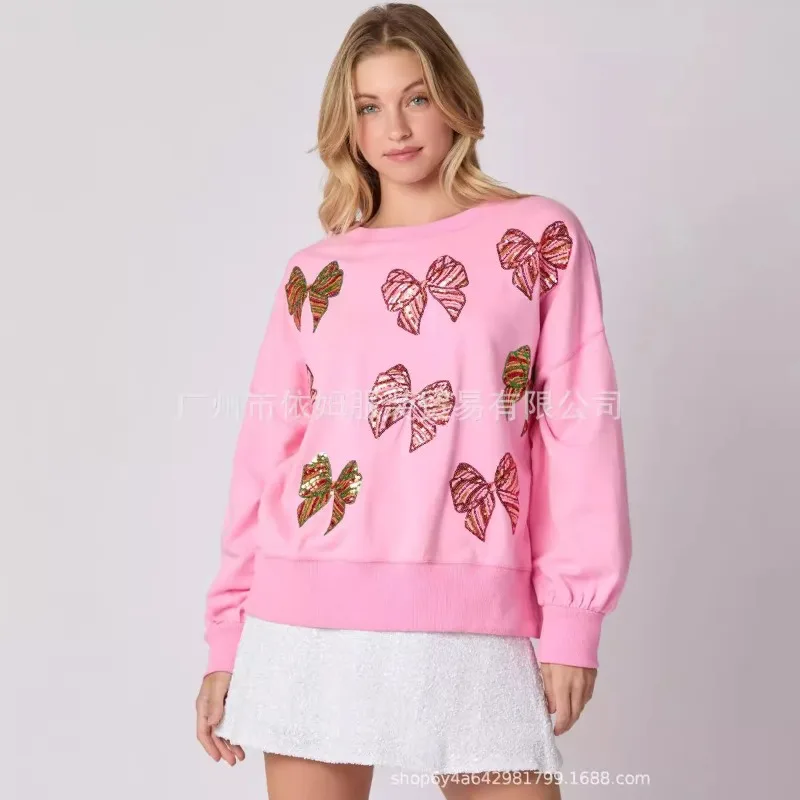 NIEUWE lente en herfst strik pailletten voor damesjurk Valentijnsdag ronde hals losse casual lange mouwen sweatshirt voor dames