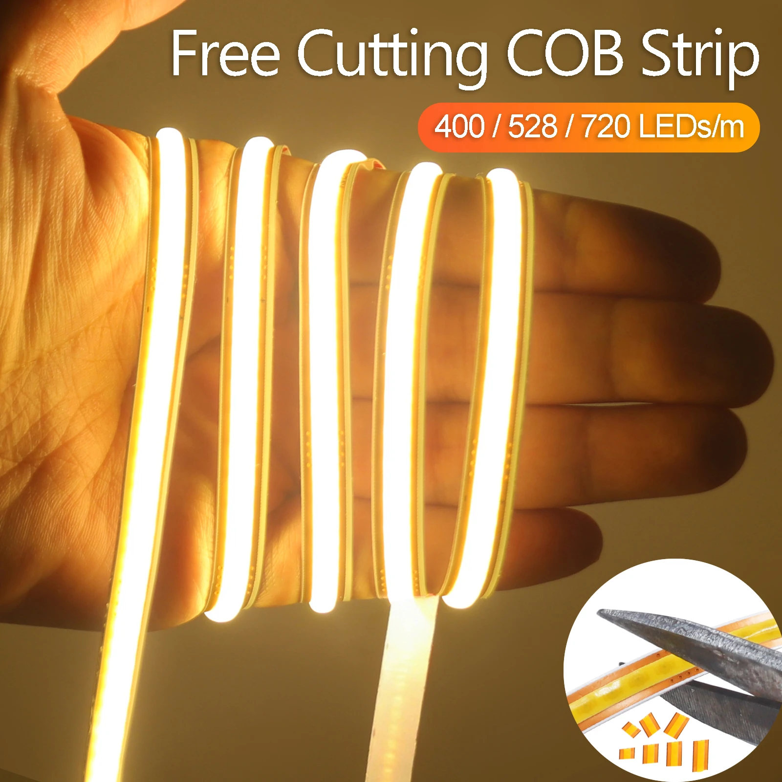 Cut Freely COB LED Strip Light 400 528 720 LEDs/m High Density Flexible Tape Ribbon 3000-6500K 8mm PCB Width Led Lights DC24V