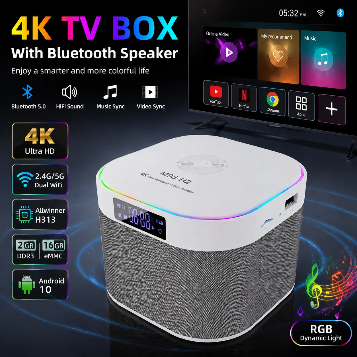 TV Box with Bluetooth Speaker 4K H.265 Decode Quad-Core Dual WiFi Media Player Android 10 2+16GB Supports Netflix & YouTube Home