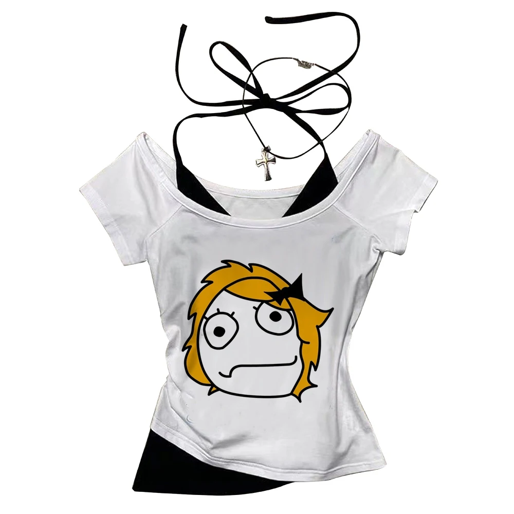 Trollface crop top shoujo streetwear manga korean fashion t shirt y2k baddie harajuku cheap anime