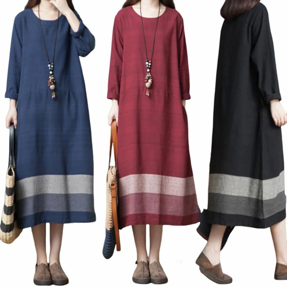 

Women's Long Sleeve Dresses Summer Loose Fit Color Block Dresses Casual Plus Size Cotton Round Neck Skirts Party Dresses