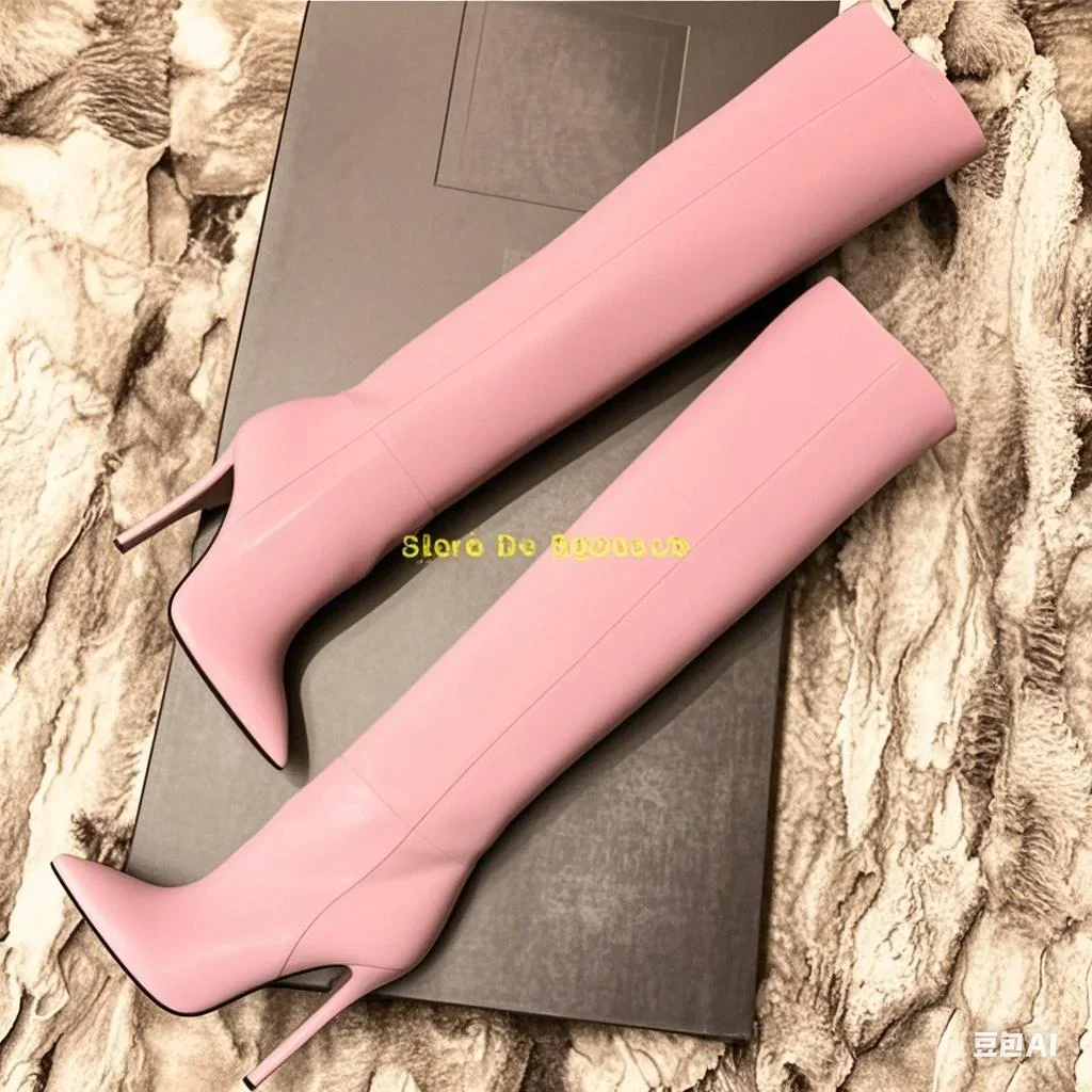 

Pink Leather Over The Kee Boots Thin High Heel Sexy Pointed Toe Zipper Winter Women Boots Thigh High Solid Shoes