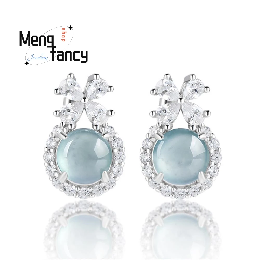 Natural A-goods Jadeite Blue Water Egg Face S925 Silver Inlaid Fashion High-grade Female Models Ice Jade Earrings Luxury Jewelry