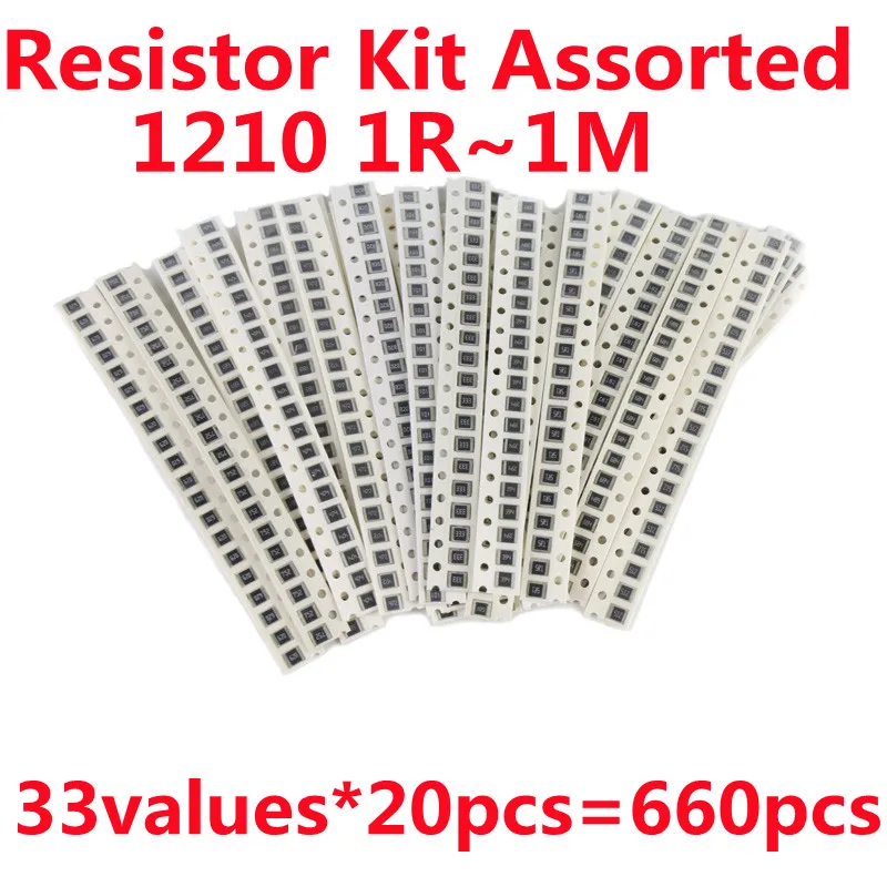 660PCS 1210 Resistor Kit  1R To 1M 5%  5.1R 10R 22R 47R 330R 100R  1K 4.7K 10K 100K 200K 33values*20pcs SMD Sample Kit DIY