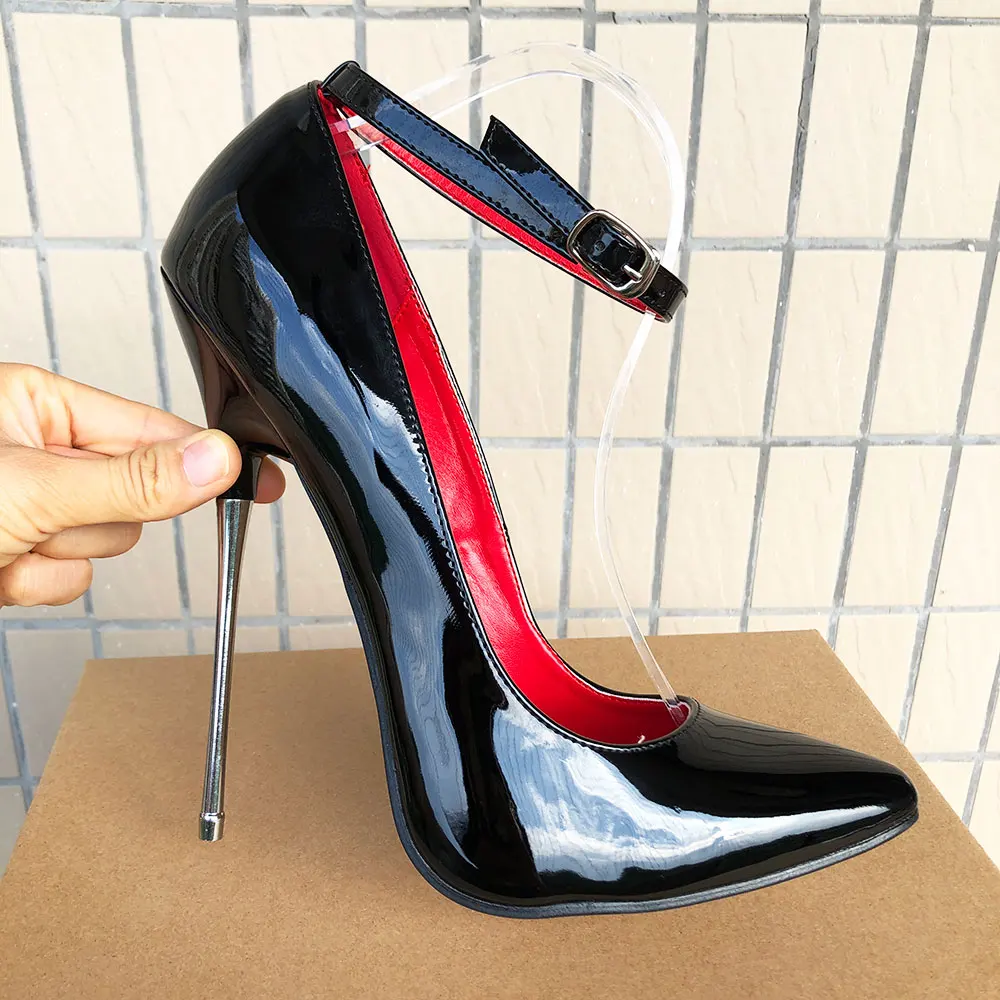 16cm Extreme High Heels Women Black Pointy Toe Stiletto Pumps Sexy Night Club Ankle Strap Fetish Model Dance Man Crossdresser