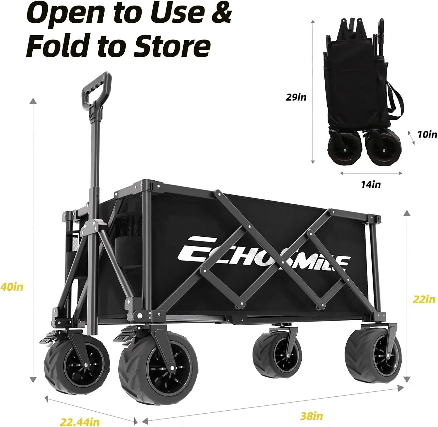 Wagons Carts Foldable Heavy Duty with 400Lbs Wt, 200L Cap, Black | All-Terrain Big Wheels·Reinforced Bottom