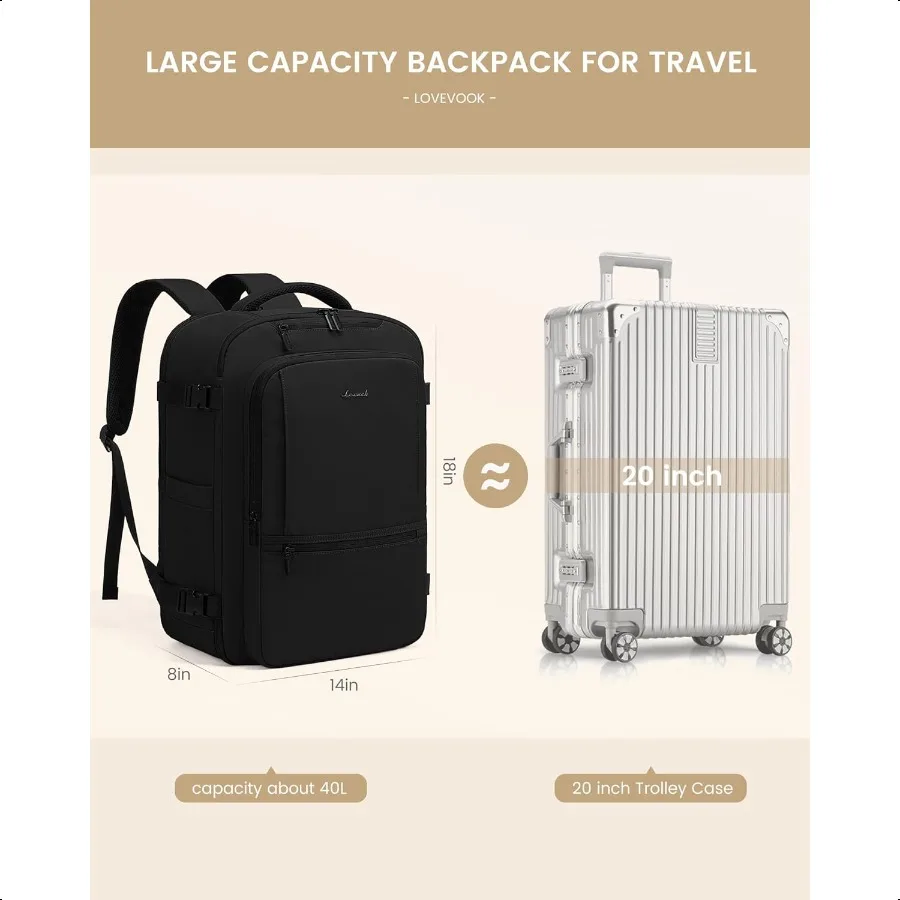 40L großer Reiserucksack für Damen und Herren, Handgepäck, Laptop-Rucksack