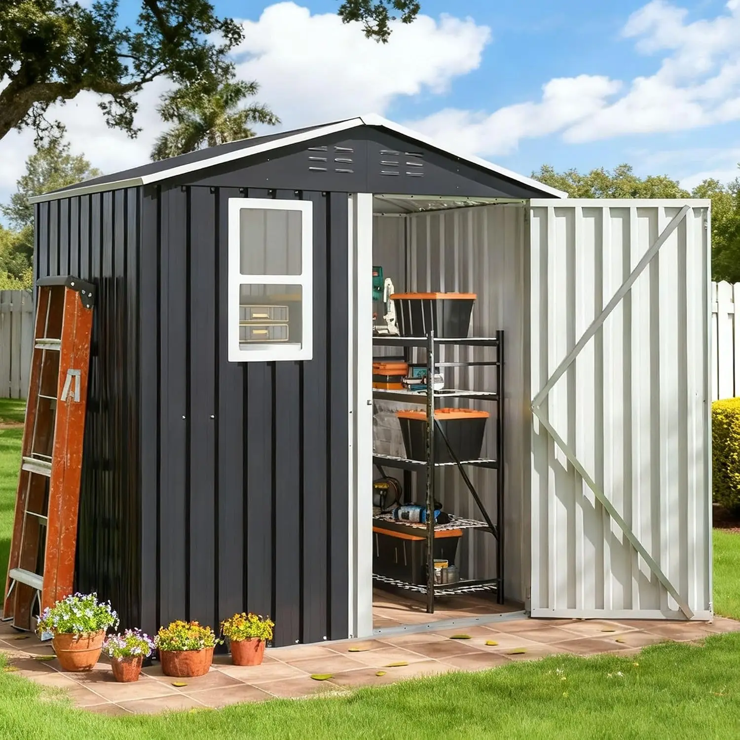 5.9x4 FT Metal Outdoor Storage Shed with Lockable Doors & Windows for Backyard Garden Patio, Grey, Customized