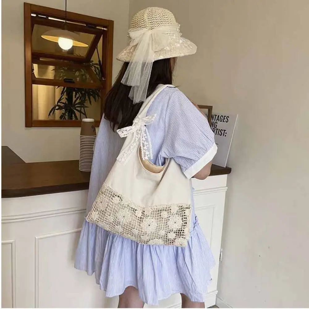 

with Lace Ribbon Solid Color Woven Bag Hollow Out Beach Handbag Flower Beach Bag Tote Bag Large Capacity Hollow Shoulder Bag