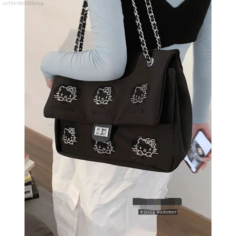 Sanrio Hello Kitty Large Capacity Bag For Women 2024 New Trendy Fashionable Nylon Black Bag Aesthetic Crossbody Bag Ladies Tote