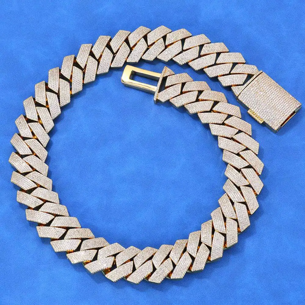 Luxury Fealux Wholesale S925 Men's 26mm Iced Prong Cuban Link Chain 6 ROW Moissanite Diamond Hip Hop Style Necklace.
